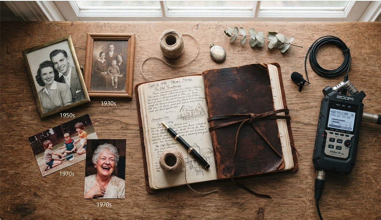 Old family photographs, a leather journal and an audio recorder laid out on a wooden desk